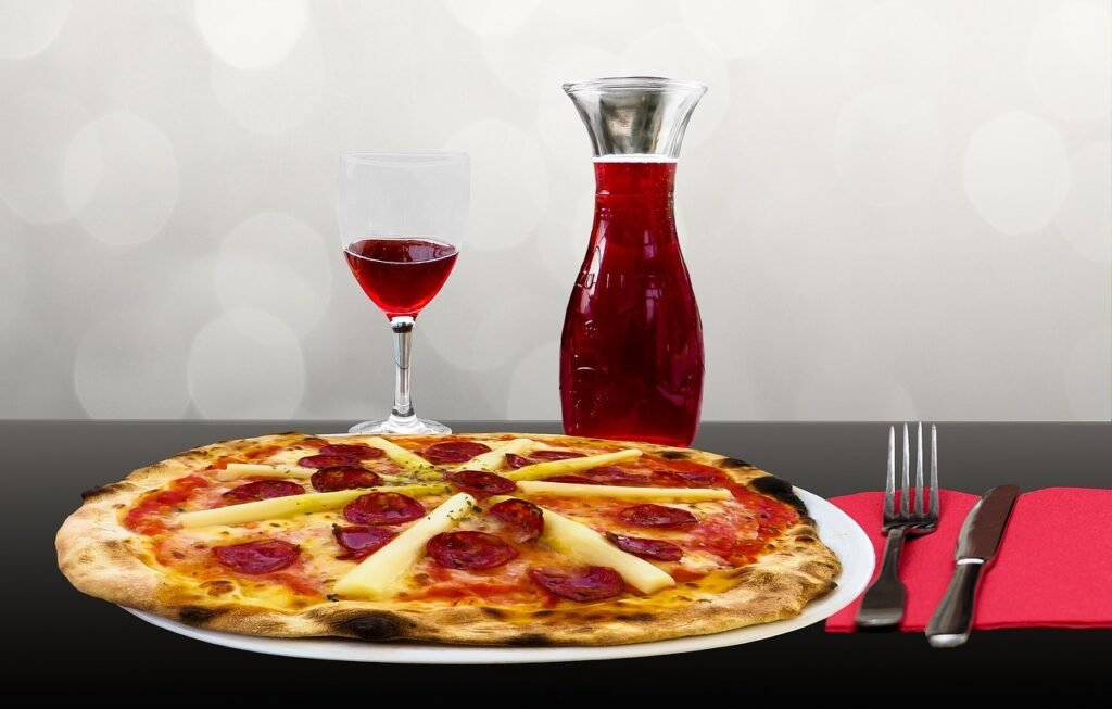 eat, pizza, drink, restaurant, wine, wine glass, carafe, plate, cutlery, knife, fork, glass, red wine, italy, italian cuisine, italian food, food, pizza, pizza, pizza, pizza, pizza