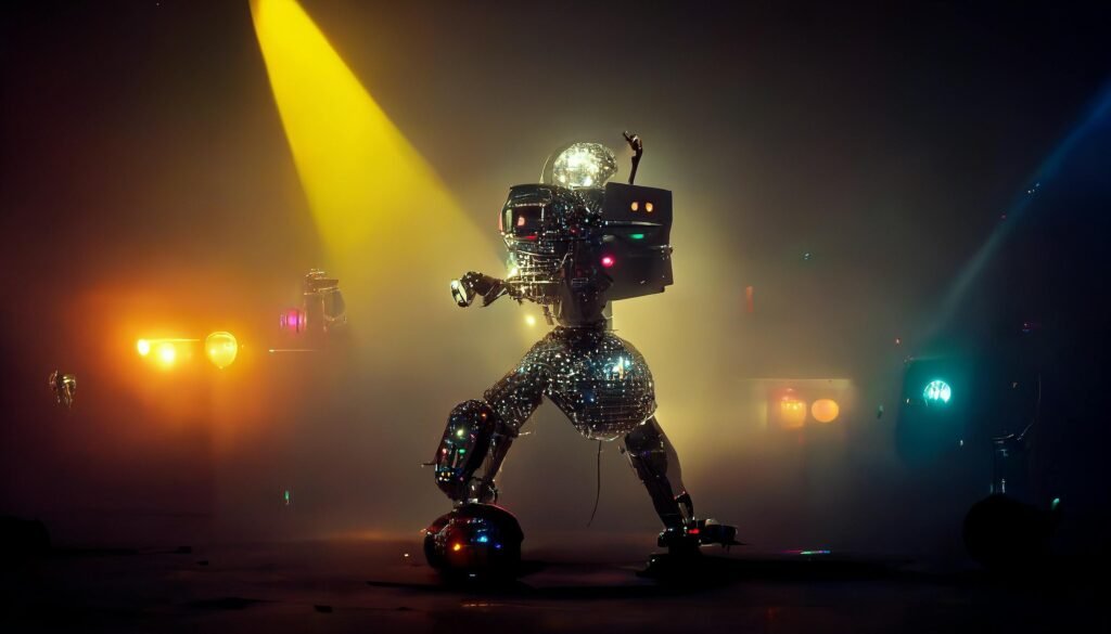 A shiny disco ball robot dances under vibrant spotlights on a dimly lit stage.